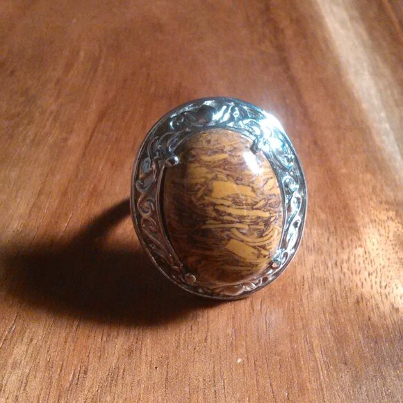 Script Stone Jasper Solitaire Stainless Steel Ring (Size 9) - Picture 6 of 13